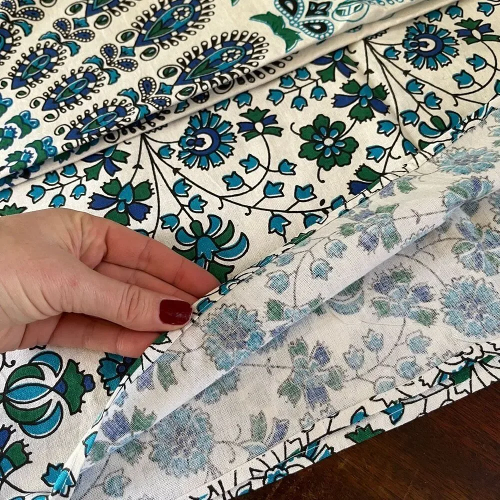 VTG Blue Green Mandala Cotton Tablecloth 82x53 Boho Maximalist Floral NWOT